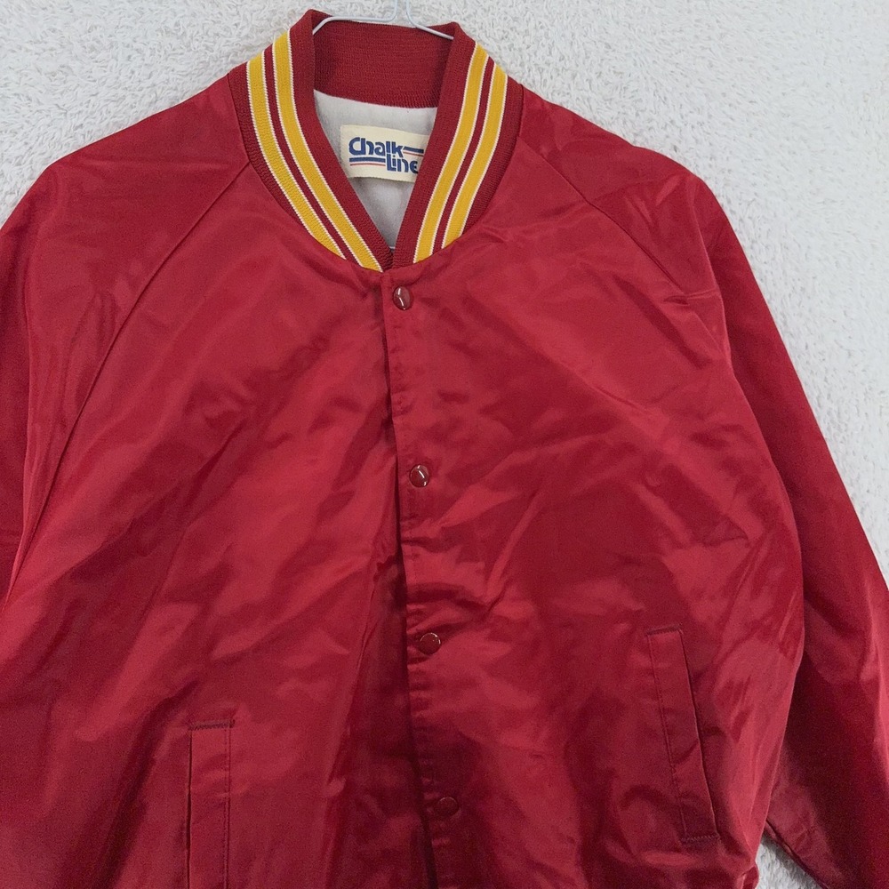 Vintage 80s Chalk Line Red Satin Bomber Jacket‎ Mens L/XL Snap Front Striped